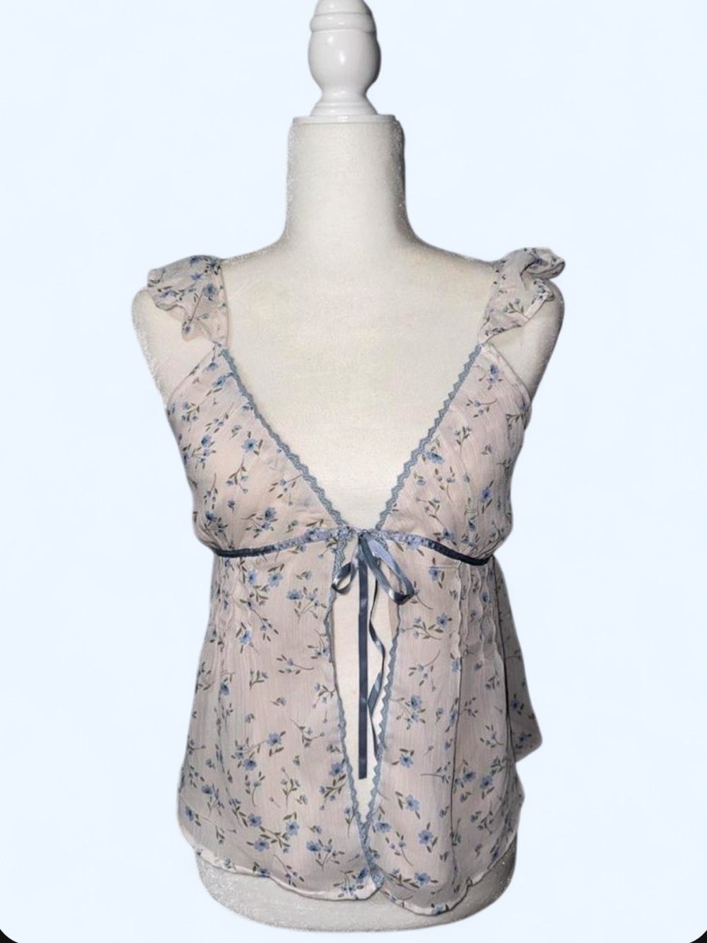 Floral Tie-Front Pale Blue Chemise with Ruffle Straps